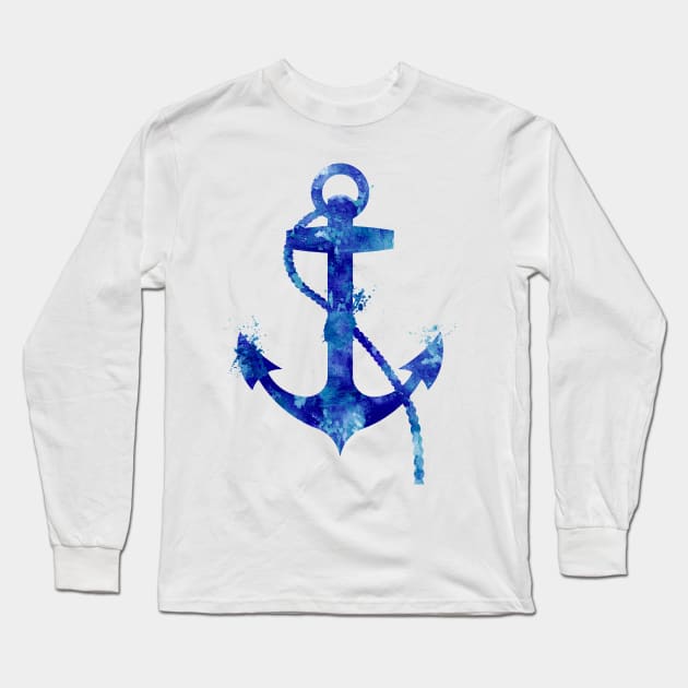 Navy Blue Nautical Anchor Watercolor Painting Long Sleeve T-Shirt by Miao Miao Design